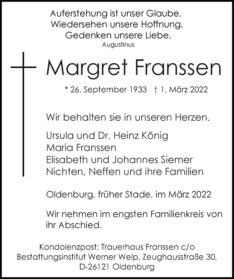  Traueranzeige für Margret Franssen vom 12.03.2022 aus Nordwest-Zeitung