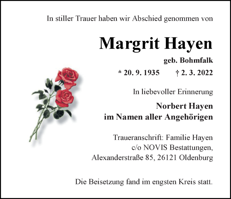  Traueranzeige für Margrit Hayen vom 26.03.2022 aus Nordwest-Zeitung