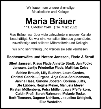 Traueranzeige von Maria Bräuer von Nordwest-Zeitung