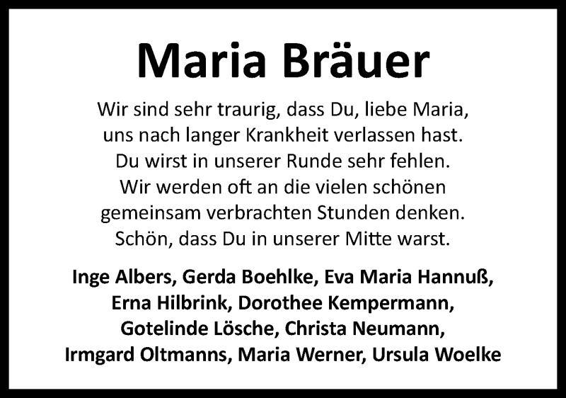  Traueranzeige für Maria Bräuer vom 18.03.2022 aus Nordwest-Zeitung