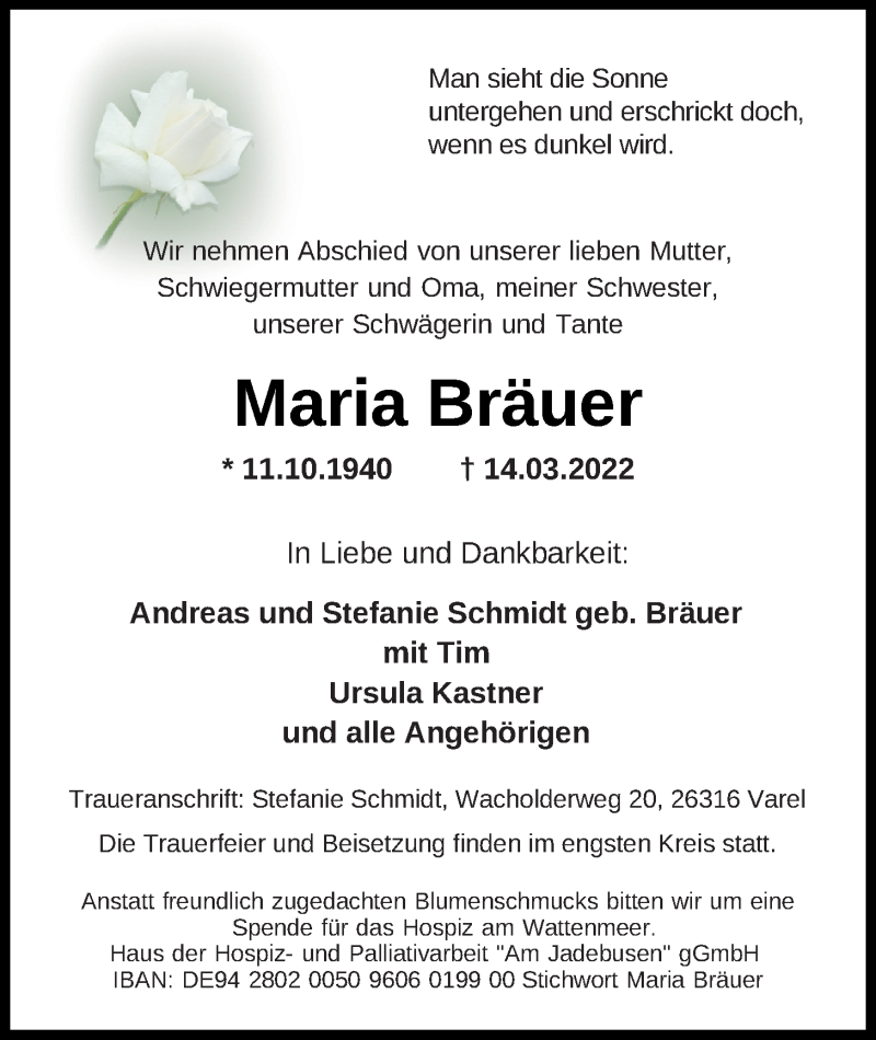  Traueranzeige für Maria Bräuer vom 18.03.2022 aus Nordwest-Zeitung
