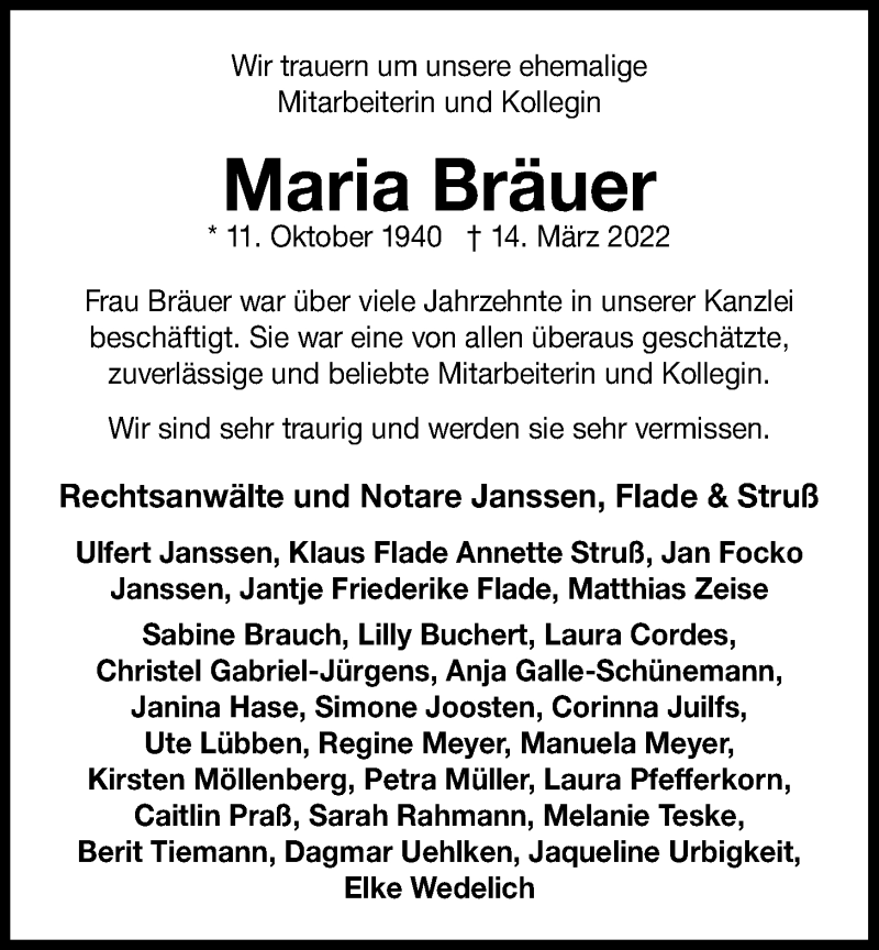  Traueranzeige für Maria Bräuer vom 23.03.2022 aus Nordwest-Zeitung