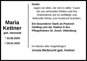 Traueranzeige von Maria Kettner von Nordwest-Zeitung