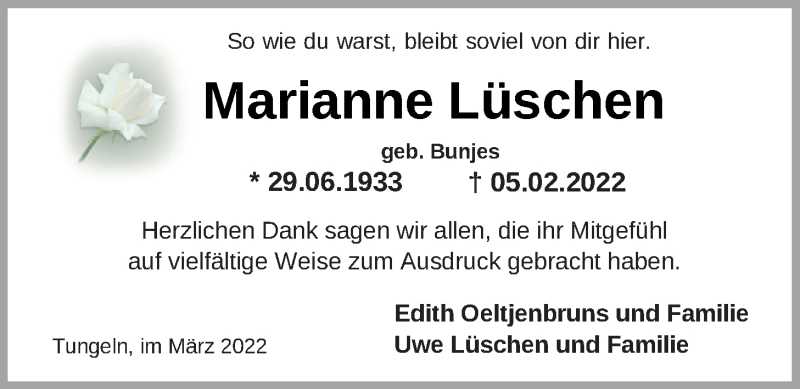  Traueranzeige für Marianne Lüschen vom 19.03.2022 aus Nordwest-Zeitung