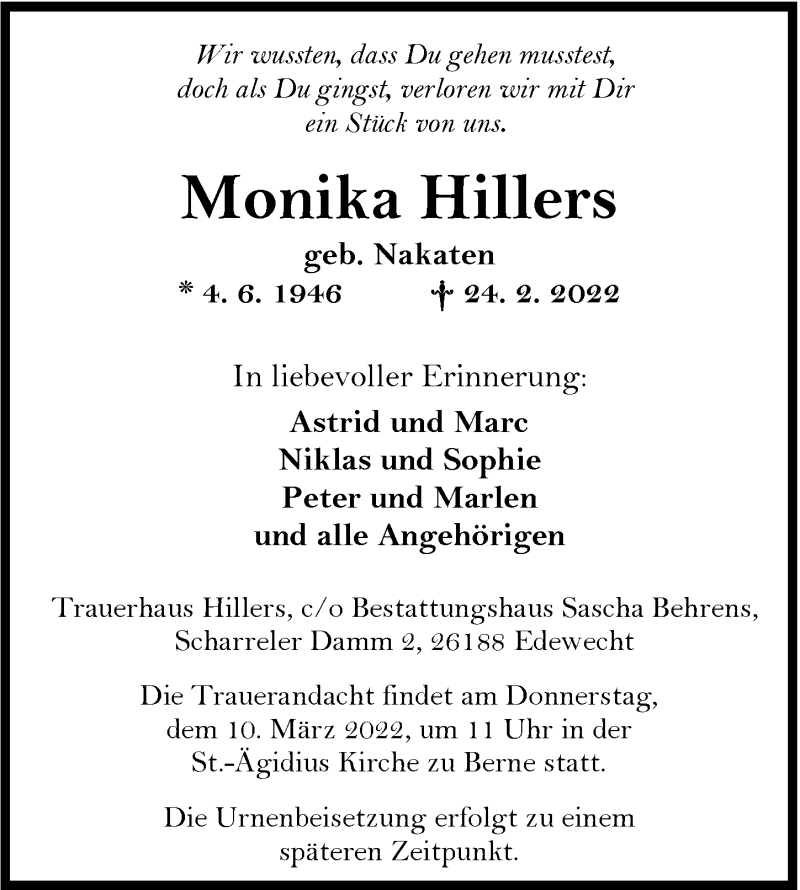  Traueranzeige für Monika Hillers vom 04.03.2022 aus Nordwest-Zeitung