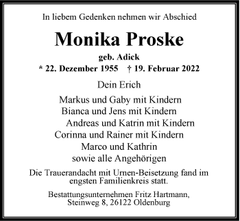 Traueranzeige von Monika Proske von Nordwest-Zeitung