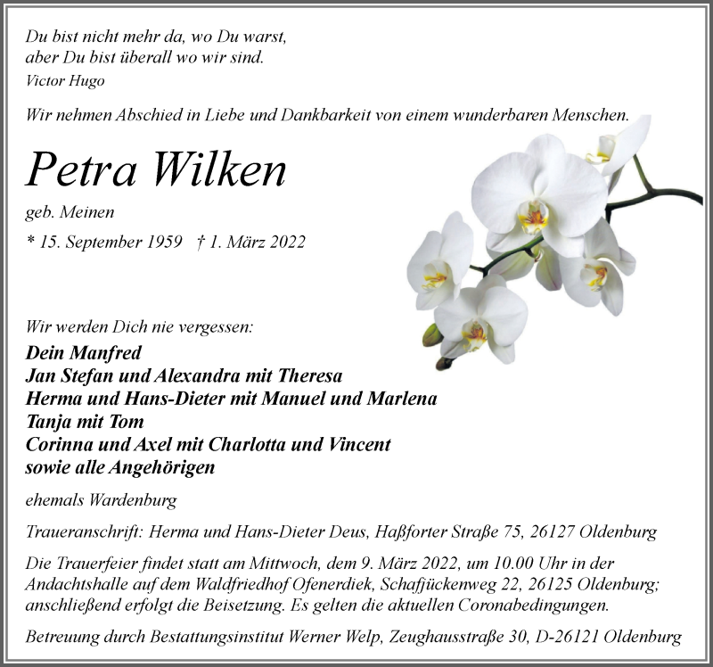  Traueranzeige für Petra Wilken vom 05.03.2022 aus Nordwest-Zeitung