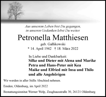 Traueranzeige von Petronella Matthiesen von Nordwest-Zeitung