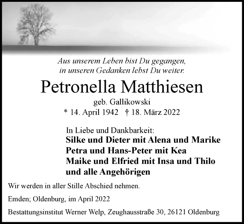  Traueranzeige für Petronella Matthiesen vom 26.03.2022 aus Nordwest-Zeitung