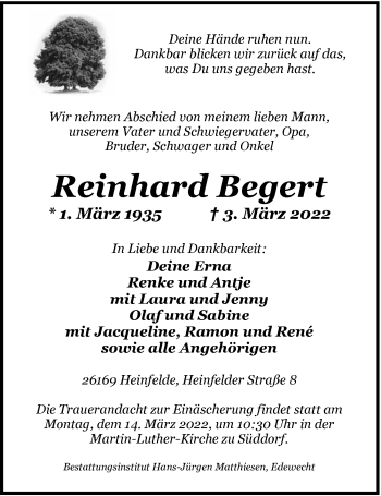 Traueranzeige von Reinhard Begert von Nordwest-Zeitung