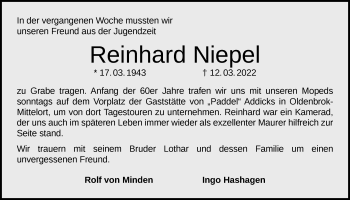Traueranzeige von Reinhard Niepel von Nordwest-Zeitung