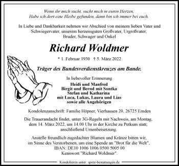 Traueranzeige von Richard Woldmer von Emder Zeitung