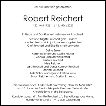 Traueranzeige von Robert Reichert von Nordwest-Zeitung