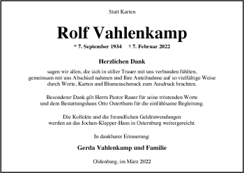 Traueranzeige von Rolf Vahlenkamp von Nordwest-Zeitung