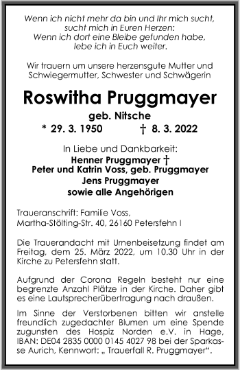 Traueranzeige von Roswitha Pruggmayer von Nordwest-Zeitung