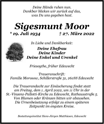 Traueranzeige von Sigesmunt Moor von Nordwest-Zeitung
