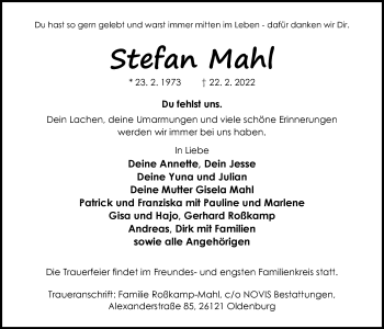 Traueranzeige von Stefan Mahl von Nordwest-Zeitung