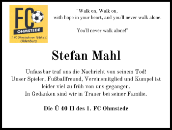 Traueranzeige von Stefan Mahl von Nordwest-Zeitung