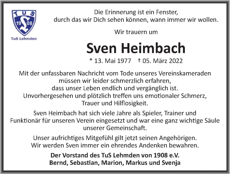  Traueranzeige für Sven Heimbach vom 11.03.2022 aus Nordwest-Zeitung