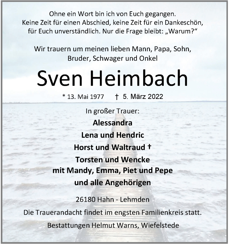  Traueranzeige für Sven Heimbach vom 11.03.2022 aus Nordwest-Zeitung