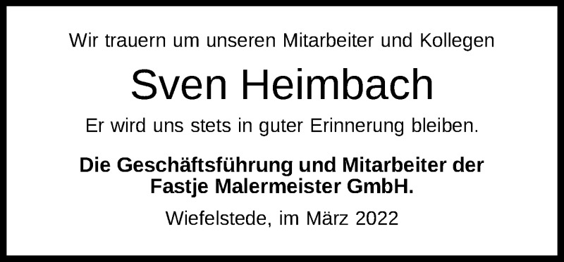  Traueranzeige für Sven Heimbach vom 11.03.2022 aus Nordwest-Zeitung