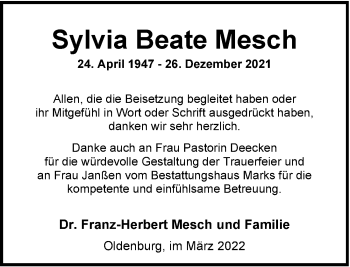 Traueranzeige von Sylvia Beate Mesch von Nordwest-Zeitung