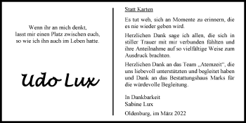 Traueranzeige von Udo Lux von Nordwest-Zeitung