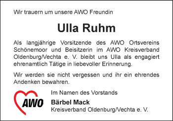 Traueranzeige von Ulla Ruhm von Nordwest-Zeitung