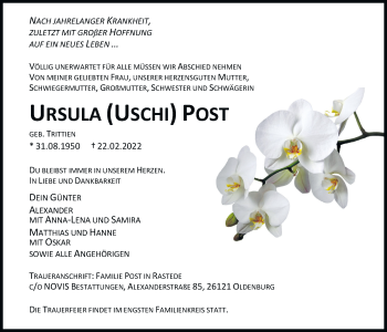 Traueranzeige von Ursula (Uschi) Post von Nordwest-Zeitung