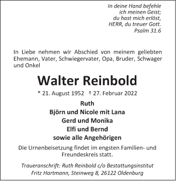 Traueranzeige von Walter Reinbold von Nordwest-Zeitung