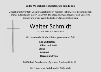 Traueranzeige von Walter Schmidt von Nordwest-Zeitung