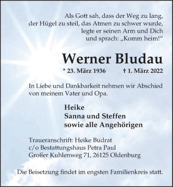 Traueranzeige von Werner Bludau von Nordwest-Zeitung