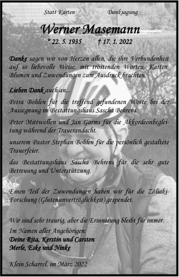 Traueranzeige von Werner Masemann von Nordwest-Zeitung