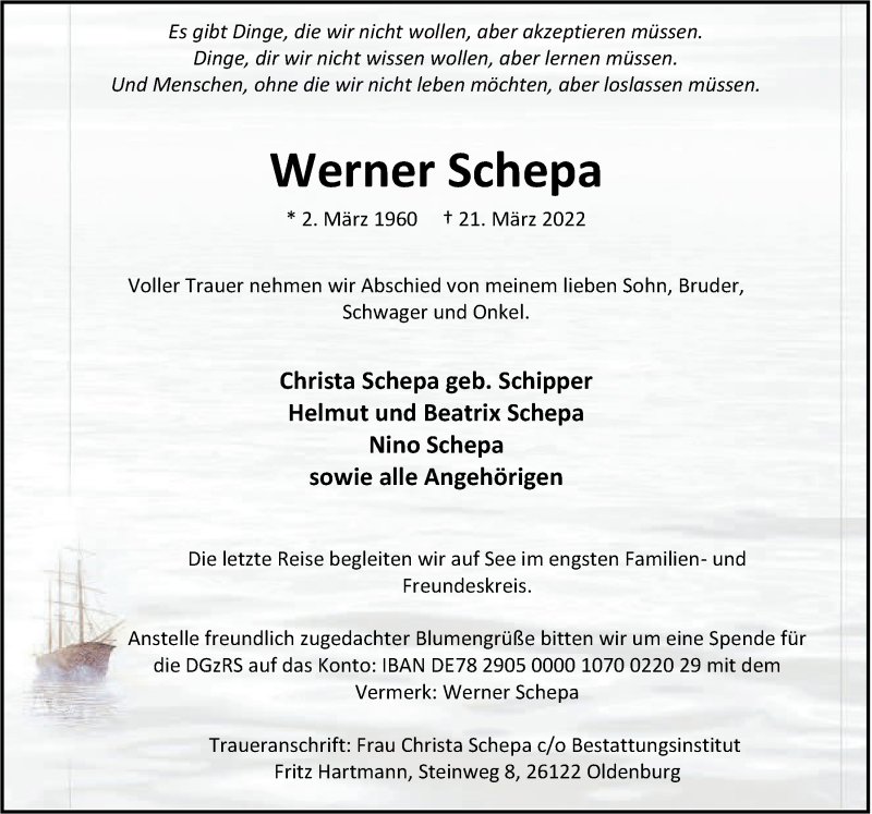 Traueranzeige für Werner Schepa vom 26.03.2022 aus Nordwest-Zeitung
