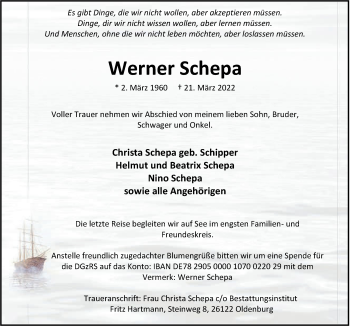 Traueranzeige von Werner Schepa von Nordwest-Zeitung