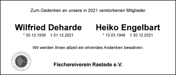 Traueranzeige von Wilfried Deharde von Nordwest-Zeitung