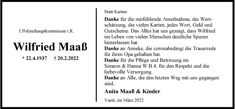  Traueranzeige für Wilfried Maaß vom 26.03.2022 aus Nordwest-Zeitung