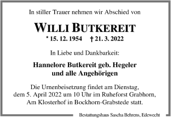 Traueranzeige von Willi Butkereit von Nordwest-Zeitung