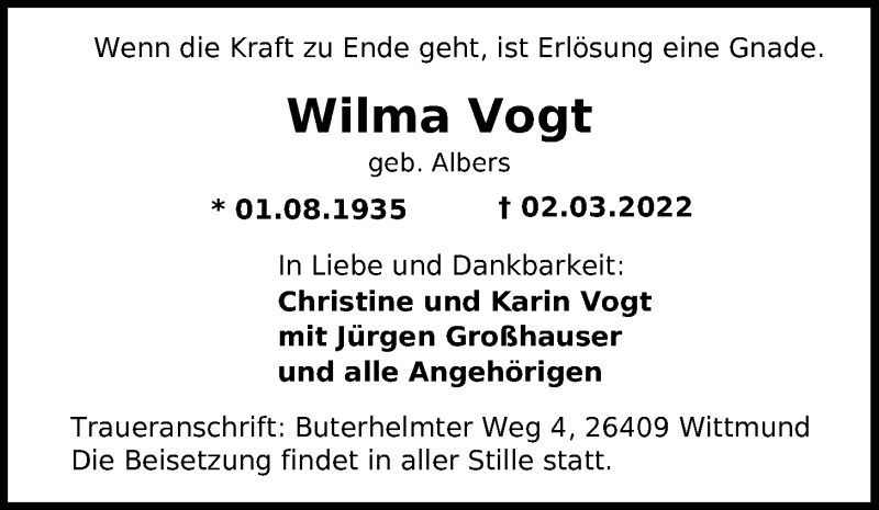  Traueranzeige für Wilma Vogt vom 19.03.2022 aus Nordwest-Zeitung