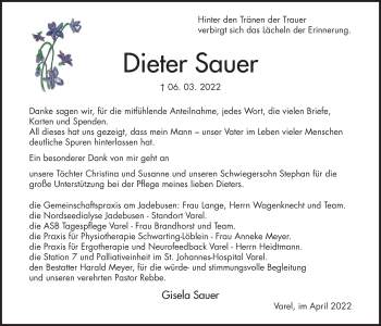 Traueranzeige von Dieter Sauer von Nordwest-Zeitung