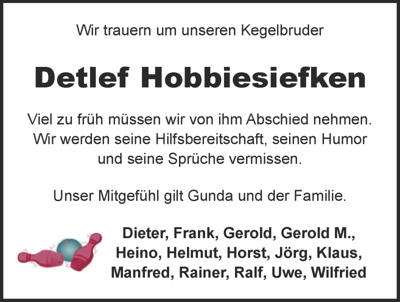  Traueranzeige für Detlef Hobbiesiefken vom 23.04.2022 aus Nordwest-Zeitung