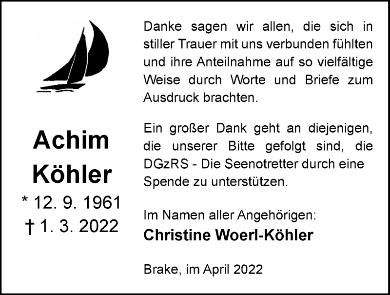  Traueranzeige für Achim Köhler vom 09.04.2022 aus Nordwest-Zeitung