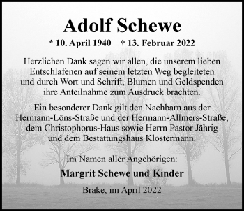 Traueranzeige von Adolf Schewe von Nordwest-Zeitung
