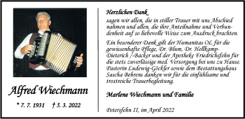 Traueranzeige von Alfred Wiechmann von Nordwest-Zeitung