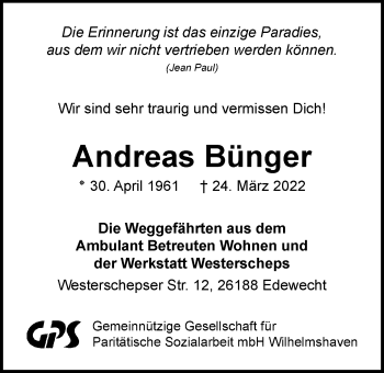 Traueranzeige von Andreas Bünger von Nordwest-Zeitung