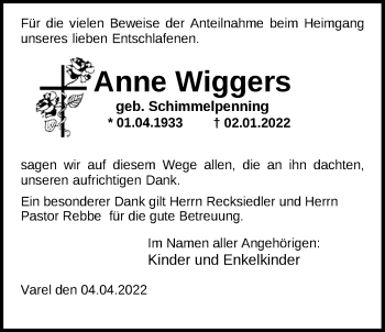 Traueranzeige von Anne Wiggers von Nordwest-Zeitung