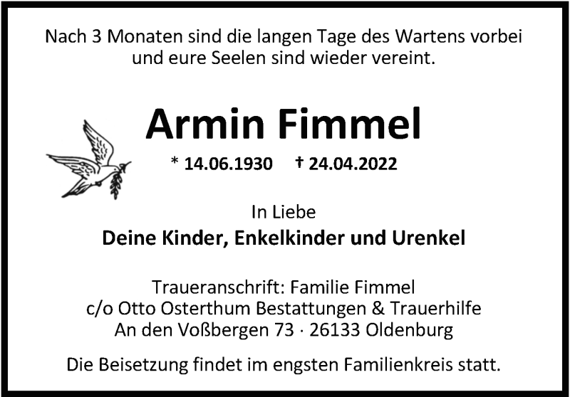  Traueranzeige für Armin Fimmel vom 30.04.2022 aus Nordwest-Zeitung