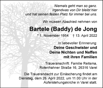 Traueranzeige von Bartele de Jong von Nordwest-Zeitung