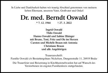 Traueranzeige von Berndt Oswald von Nordwest-Zeitung