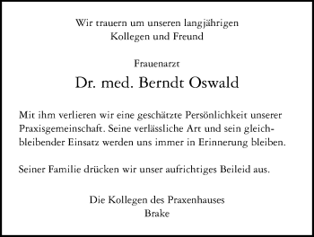 Traueranzeige von Berndt Oswald von Nordwest-Zeitung